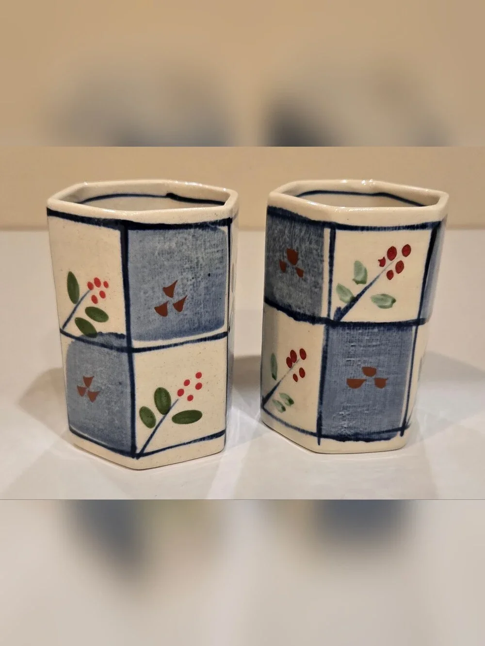 Vintage Katani Ware Hand-Painted Blue and Cream Hexagonal Ceramic Tea Or Saki